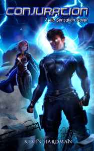 Superhero book cover showing two flying heroes with lightning in the background