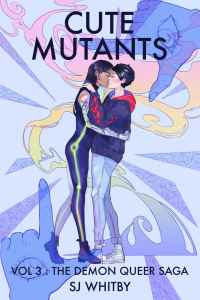 Superhero book cover showing two teen heroines kissing