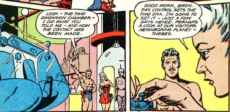 Comic book panels of shirtless Bron helping Mysta build a time machine