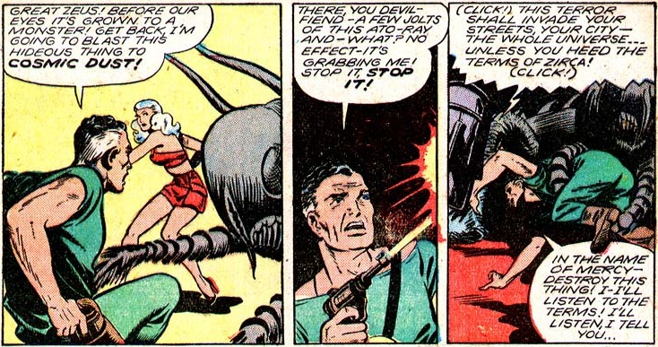 Three comic panels of Dick Garro getting attacked by a giant ant