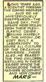 Text box from comic explaining how Dr. Kort abducted two babies.