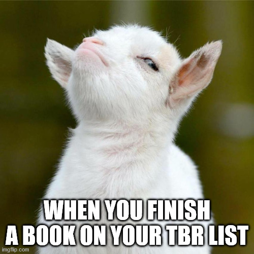 Proud goat meme with the text "When you finish a book on your TBR list"