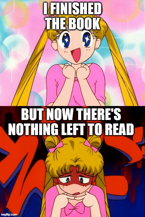 Meme showing happy Sailor Moon with text "I finished the book" and sad Sailor Moon with text "But now there's nothing left to read"