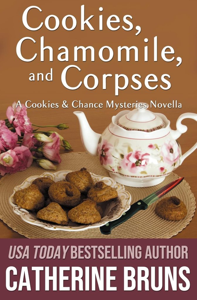 Cozy mystery book cover for novella Cookies, Chamomile, and Corpses