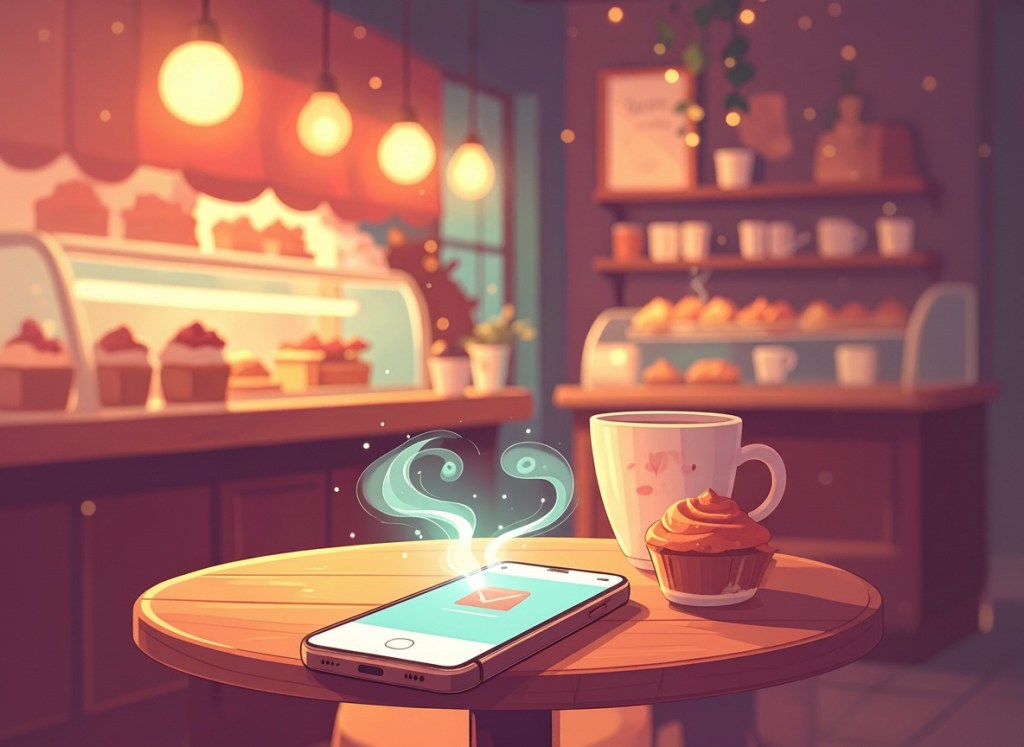 Phone with new message on bakery table
