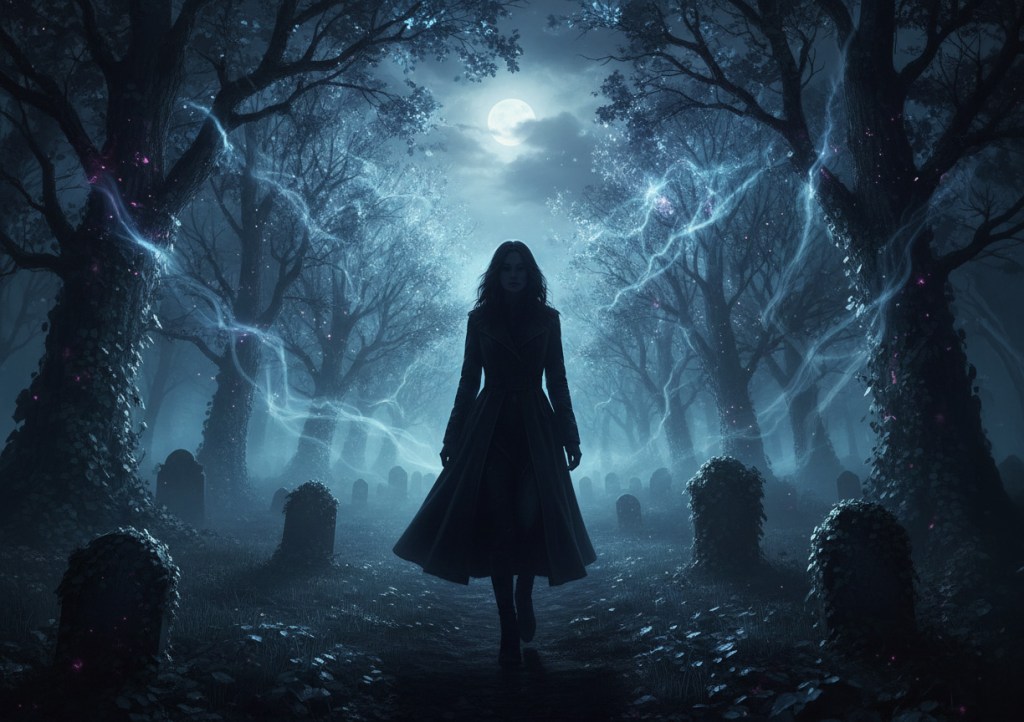 Woman in supernatural graveyard